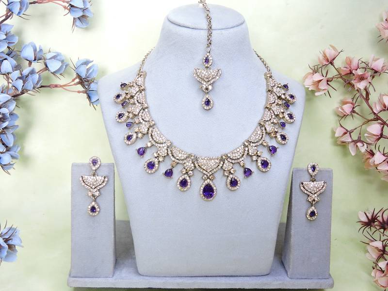 Blue yellow gold premium designer american diamond and stone work necklace set
