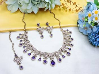 Blue yellow gold premium designer american diamond and stone work necklace set 2