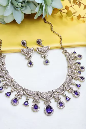 Blue yellow gold premium designer american diamond and stone work necklace set