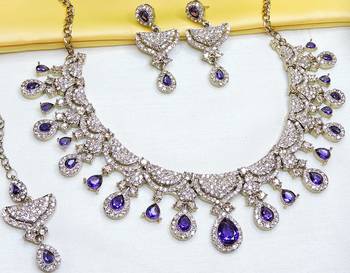 Blue yellow gold premium designer american diamond and stone work necklace set 3