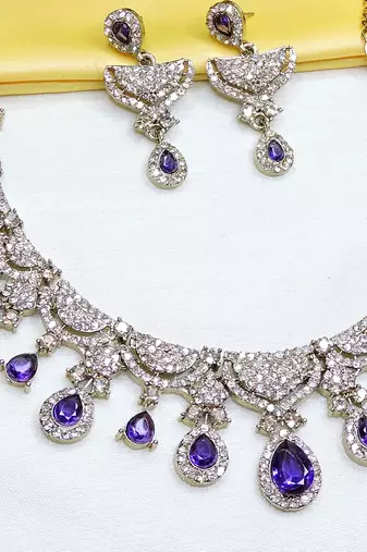 Blue yellow gold premium designer american diamond and stone work necklace set