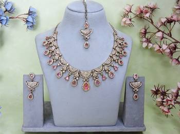 Pink yellow gold premium designer american diamond and stone work necklace set 1