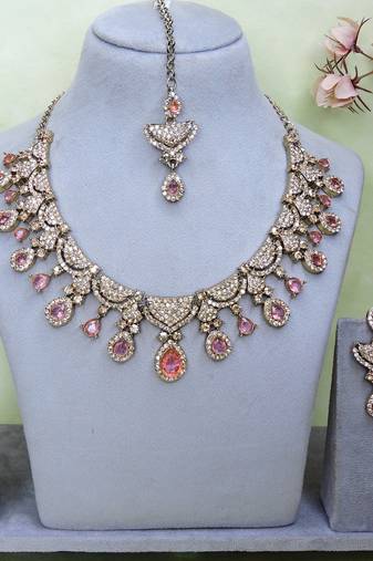 Pink yellow gold premium designer american diamond and stone work necklace set