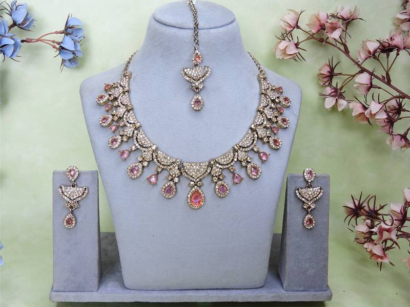 Pink yellow gold premium designer american diamond and stone work necklace set