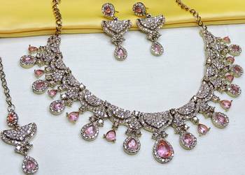 Pink yellow gold premium designer american diamond and stone work necklace set 2