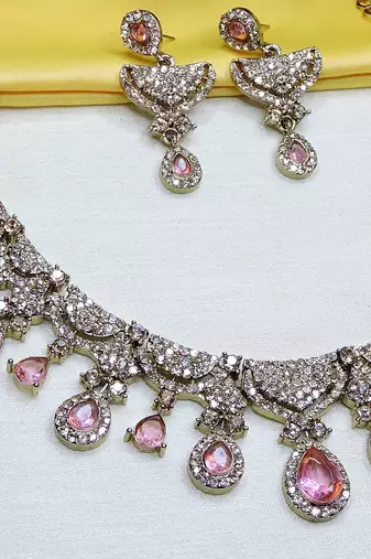 Pink yellow gold premium designer american diamond and stone work necklace set