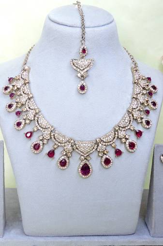 Purple yellow gold premium designer american diamond and stone work necklace set