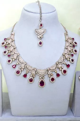 Purple yellow gold premium designer american diamond and stone work necklace set