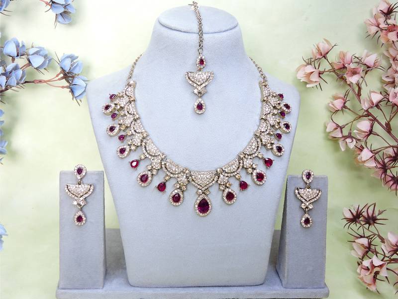 Purple yellow gold premium designer american diamond and stone work necklace set