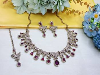 Purple yellow gold premium designer american diamond and stone work necklace set 2