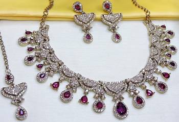 Purple yellow gold premium designer american diamond and stone work necklace set 3