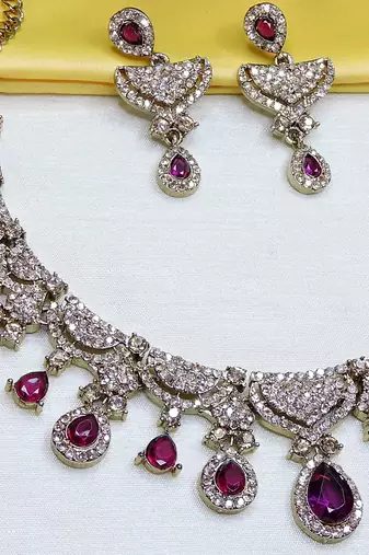 Purple yellow gold premium designer american diamond and stone work necklace set