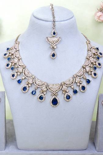 Blue yellow gold premium designer american diamond and stone work necklace set