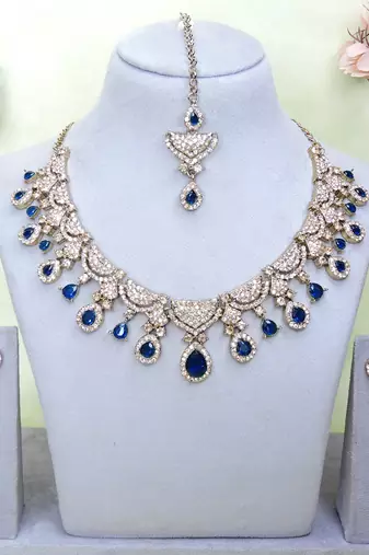 Blue yellow gold premium designer american diamond and stone work necklace set