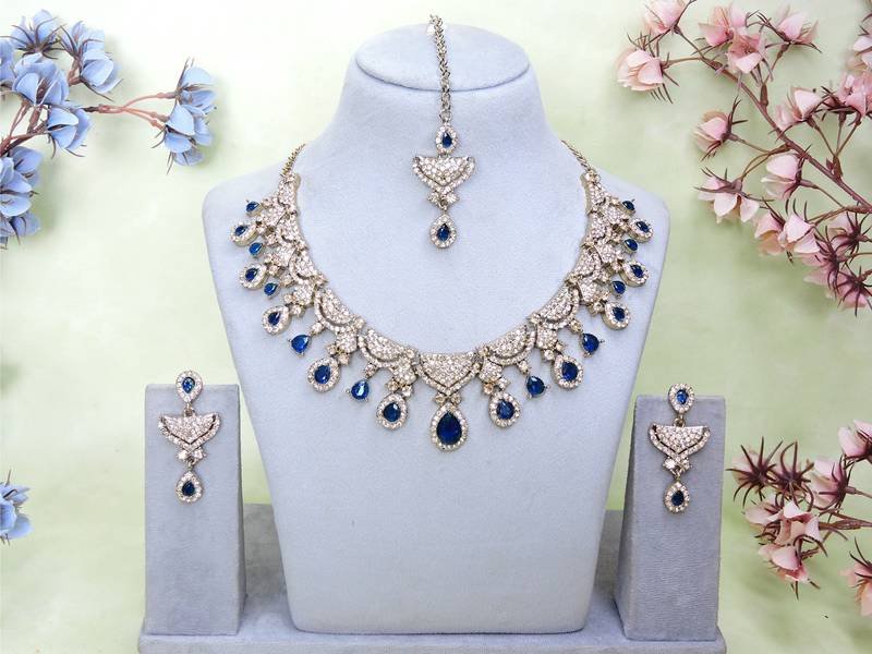 Blue yellow gold premium designer american diamond and stone work necklace set