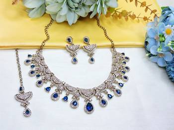 Blue yellow gold premium designer american diamond and stone work necklace set 2