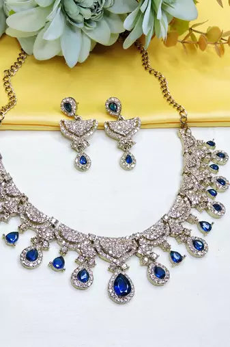 Blue yellow gold premium designer american diamond and stone work necklace set