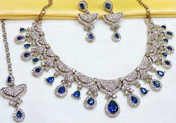 Blue yellow gold premium designer american diamond and stone work necklace set 3
