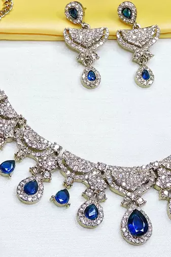 Blue yellow gold premium designer american diamond and stone work necklace set