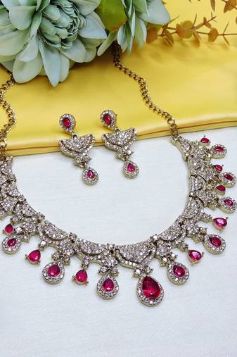 Pink yellow gold premium designer american diamond and stone work necklace set