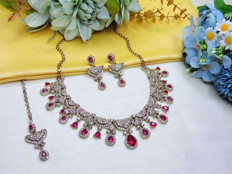 Pink yellow gold premium designer american diamond and stone work necklace set