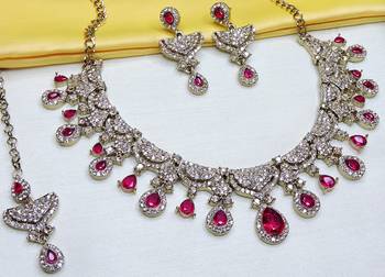 Pink yellow gold premium designer american diamond and stone work necklace set 2