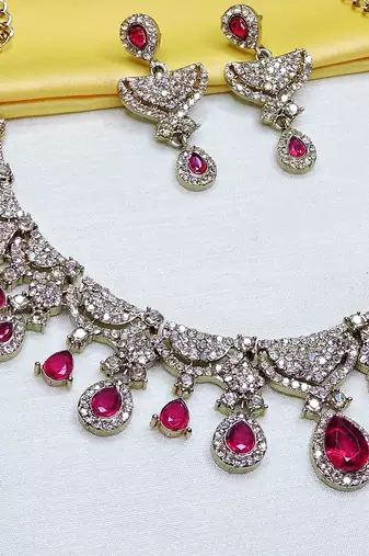 Pink yellow gold premium designer american diamond and stone work necklace set