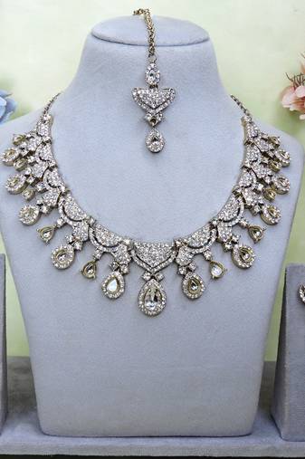 White yellow gold premium designer american diamond and stone work necklace set