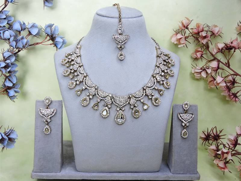 White yellow gold premium designer american diamond and stone work necklace set