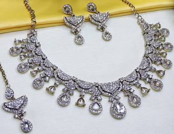 White yellow gold premium designer american diamond and stone work necklace set 2