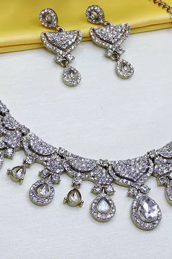 White yellow gold premium designer american diamond and stone work necklace set
