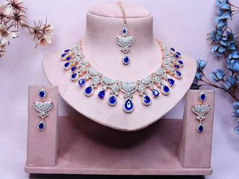 Blue rose gold premium designer american diamond and stone work necklace set 1