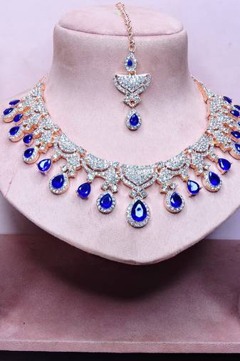 Blue rose gold premium designer american diamond and stone work necklace set