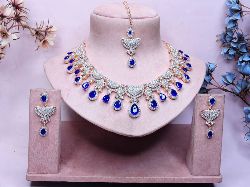 Blue rose gold premium designer american diamond and stone work necklace set
