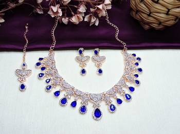 Blue rose gold premium designer american diamond and stone work necklace set 2