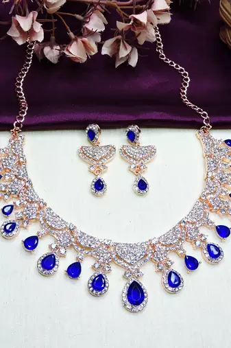 Blue rose gold premium designer american diamond and stone work necklace set