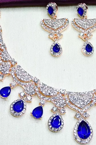 Blue rose gold premium designer american diamond and stone work necklace set