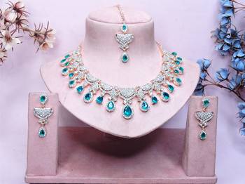 Green rose gold premium designer american diamond and stone work necklace set 1