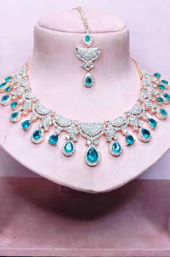 Green rose gold premium designer american diamond and stone work necklace set