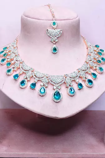 Green rose gold premium designer american diamond and stone work necklace set