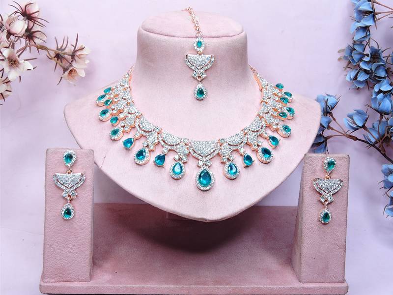 Green rose gold premium designer american diamond and stone work necklace set