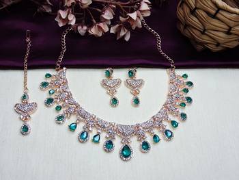 Green rose gold premium designer american diamond and stone work necklace set 2