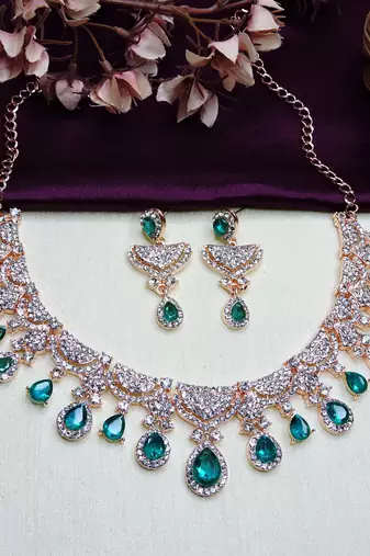 Green rose gold premium designer american diamond and stone work necklace set