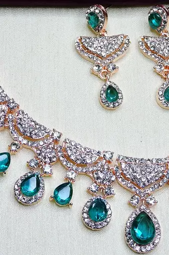 Green rose gold premium designer american diamond and stone work necklace set