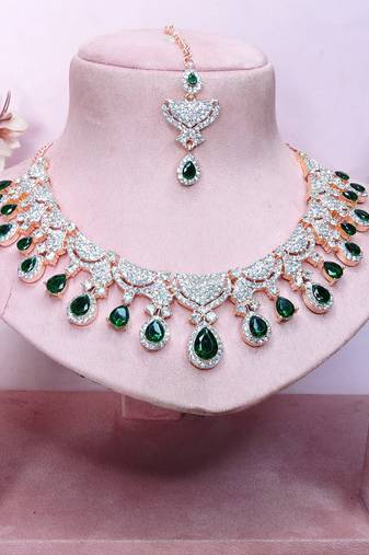 Green rose gold premium designer american diamond and stone work necklace set