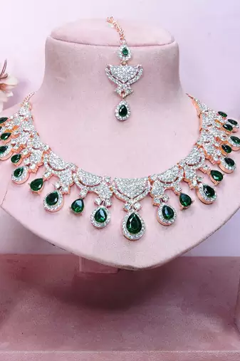 Green rose gold premium designer american diamond and stone work necklace set