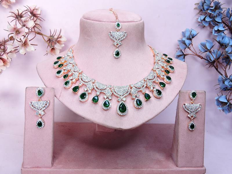 Green rose gold premium designer american diamond and stone work necklace set