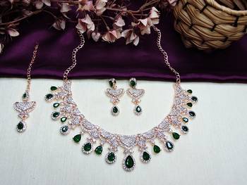 Green rose gold premium designer american diamond and stone work necklace set 2