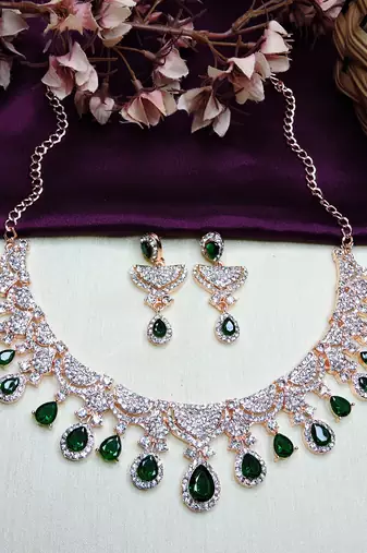 Green rose gold premium designer american diamond and stone work necklace set