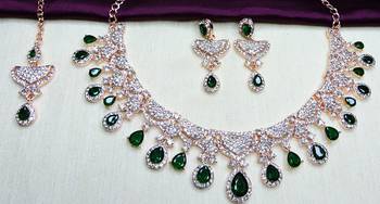 Green rose gold premium designer american diamond and stone work necklace set 3